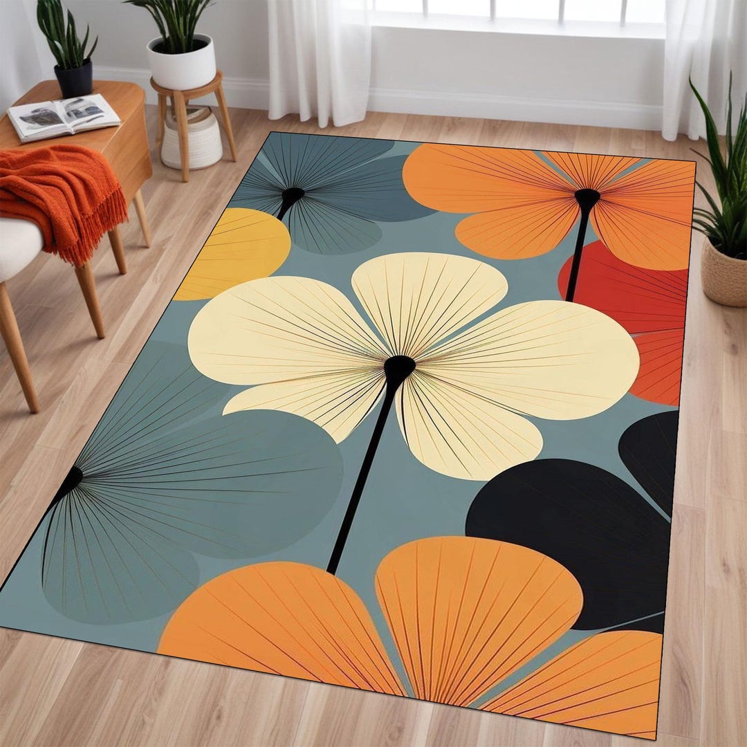 Retro Floral Area Rug: Mid-century Modern Orange Yellow Black - Etsy