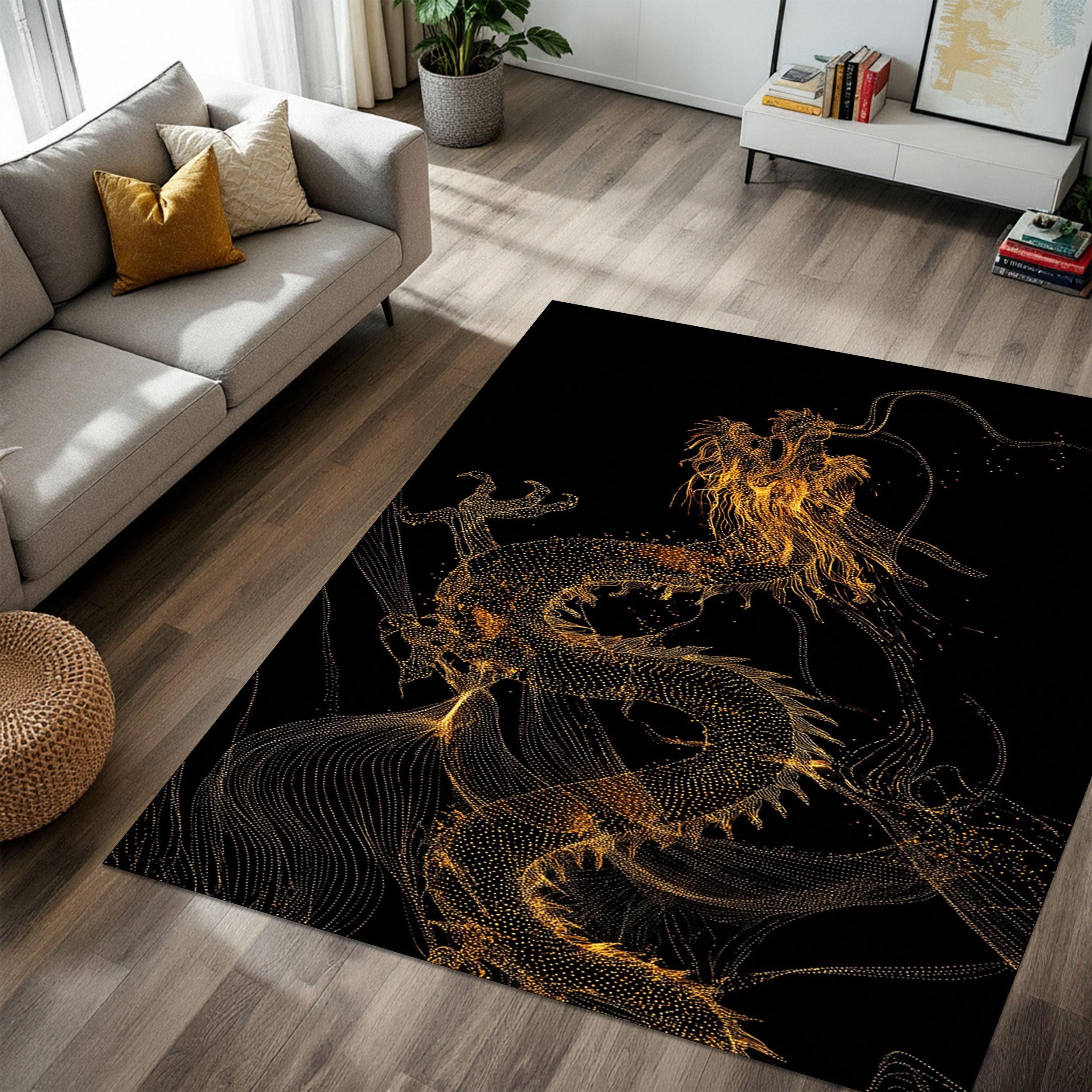 Asian Dragon Rug Black Gold, Japanese Chinese Style Washable Carpet ...