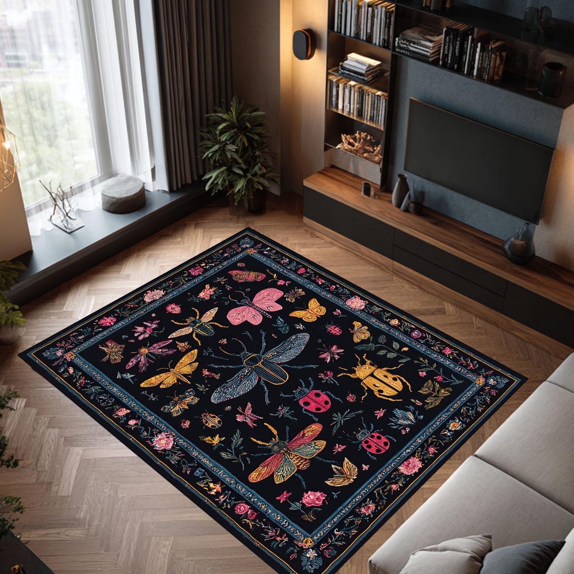 Modern Black Insect Rug Boho Bug Rug: Floral Bohemian Insect Carpet, Kids Room Decor - Etsy