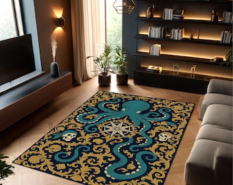 Octopus Pirate Rug: Gothic Nautical Decor, Washable Polyester Carpet