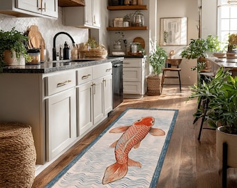 Japanese Koi Runner Rug, Zen Fish Art Carpet, Outdoor Washable Hallway Mat, Asian Inspired Patio Rug, Oriental Minimal Home Decor