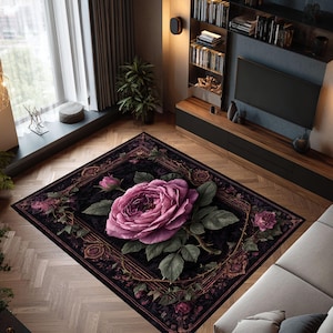 Gothic Rose Rug Black Pink Floral Carpet Vintage Baroque Style Non Slip Area Rug Romantic Botanical Mat Washable Living Room Accent Rug