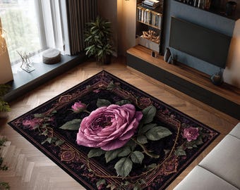 Alfombra Gothic Rose: estilo barroco floral negro y rosa, antideslizante.