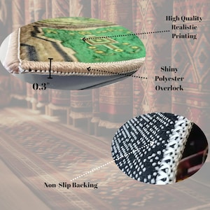 May include: Close-up of a small rug with a green and beige design. The rug has a shiny polyester overlock and a non-slip backing. The rug is 0.3 inches thick and features high-quality, realistic printing.
