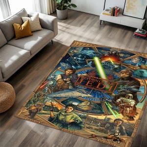 Op de afbeelding: Rechthoekig vloerkleed met een collage van personages en scènes uit Star Wars: Return of the Jedi. Het vloerkleed heeft een bruine rand en een centraal ontwerp met personages als Luke Skywalker, Han Solo en prinses Leia. De tekst "Return of the Jedi" is prominent aanwezig.