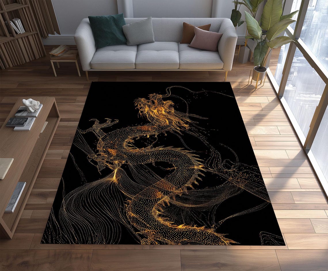 Dragon Rug Irl Asian Dragon Rug Black Gold, Japanese Chinese Style Washable Carpet ...