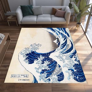 Hokusai Great Wave Rug, Japanese Ukiyo-e Rug, Kanagawa Ocean Carpet, Washable Art Rug, Blue Wave Area Rug, Modern Japanese Decor Floor Mat