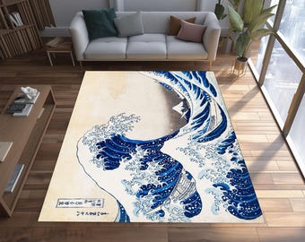 Hokusai Great Wave Rug, Japanese Ukiyo-e Rug, Kanagawa Ocean Carpet, Washable Art Rug, Blue Wave Area Rug, Modern Japanese Decor Floor Mat