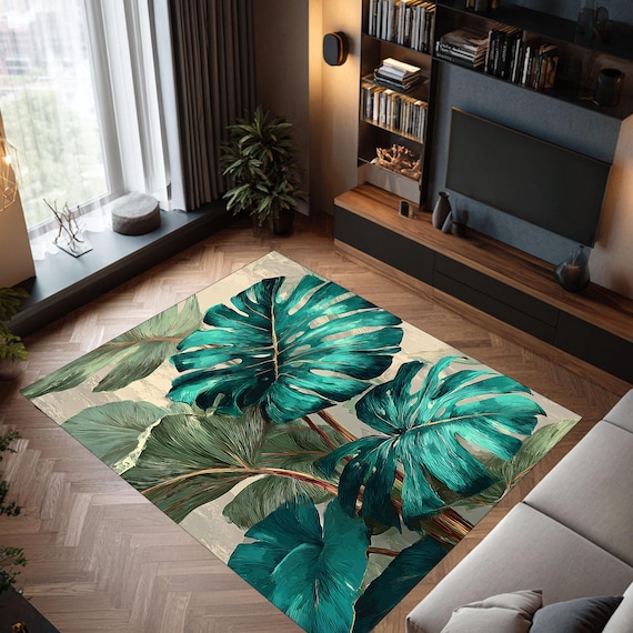 Monstera Leaf Area Rug: Tropical Jungle Print, Washable Polyester - Etsy