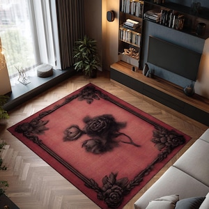 Gothic Rose Rug, Dark Red Black Floral Carpet, Vintage Shadow Flower Washable Rug, Victorian Grunge Decor, Moody Romantic Bedroom Floor Mat