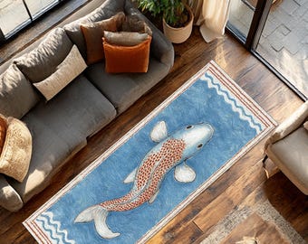 Alfombra de cocina con diseño de pez koi: estilo japonés, color azul agua