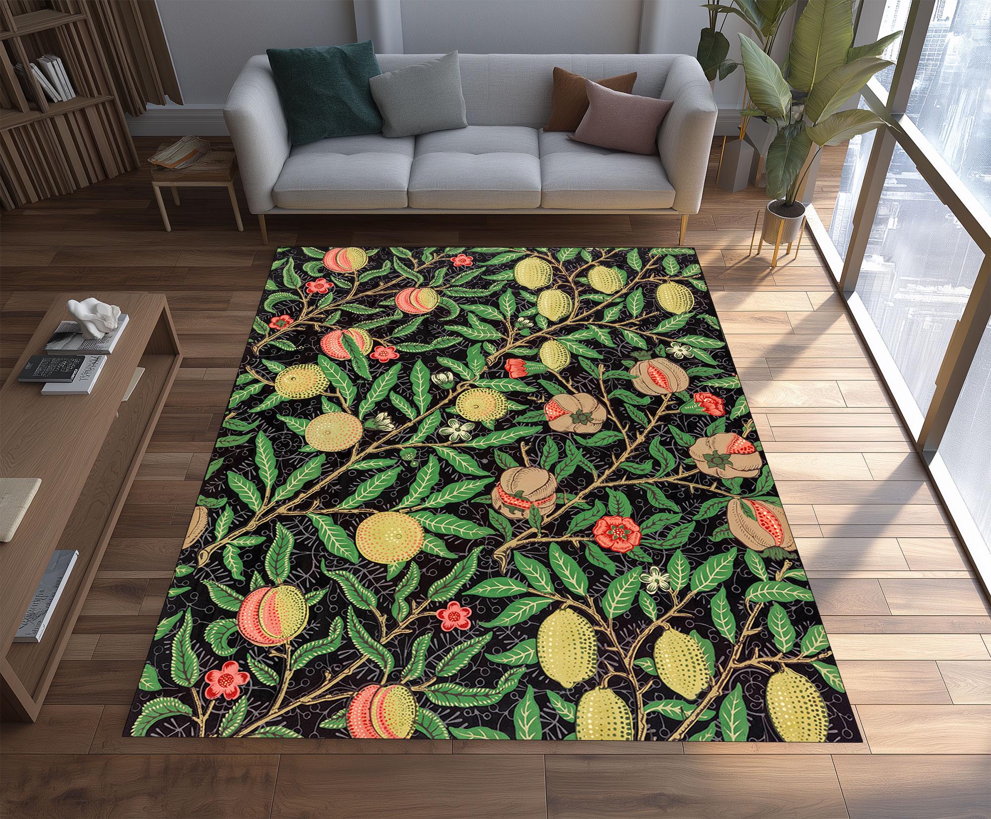 William Morris Fruit Pomegranate Rug, Botanical Floral Art Carpet, Vintage Arts And Crafts Home Decor, Green Gold Washable Area Rug