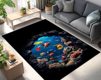 3D Ocean Rug: Colorful Fish Coral Reef - Kids Room Decor