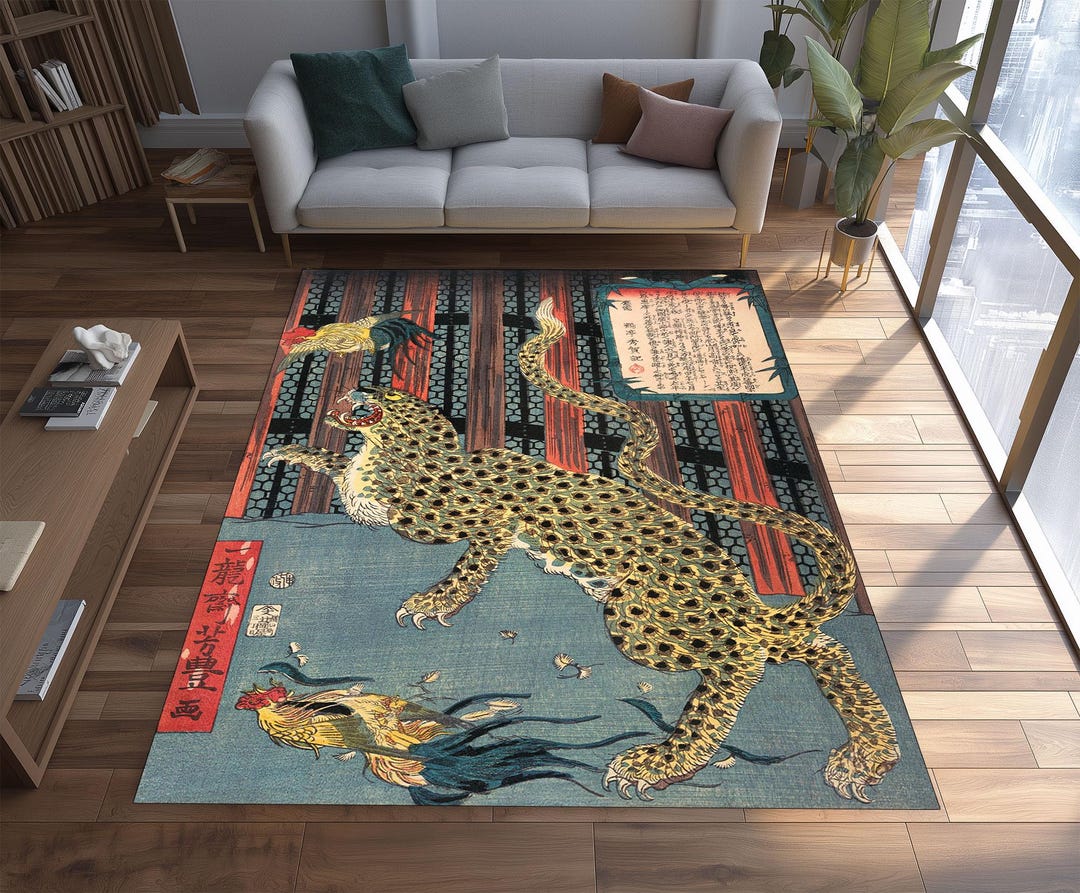 Japanese Ukiyo-e Leopard Art Rug, Traditional Woodblock Style Carpet ...
