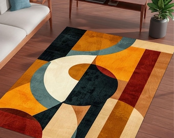 Mid Century Modern Rug Abstract Geometric Color Block Carpet, Retro Shapes Design for Living Room Decor and Stylish Contemporary Interiors