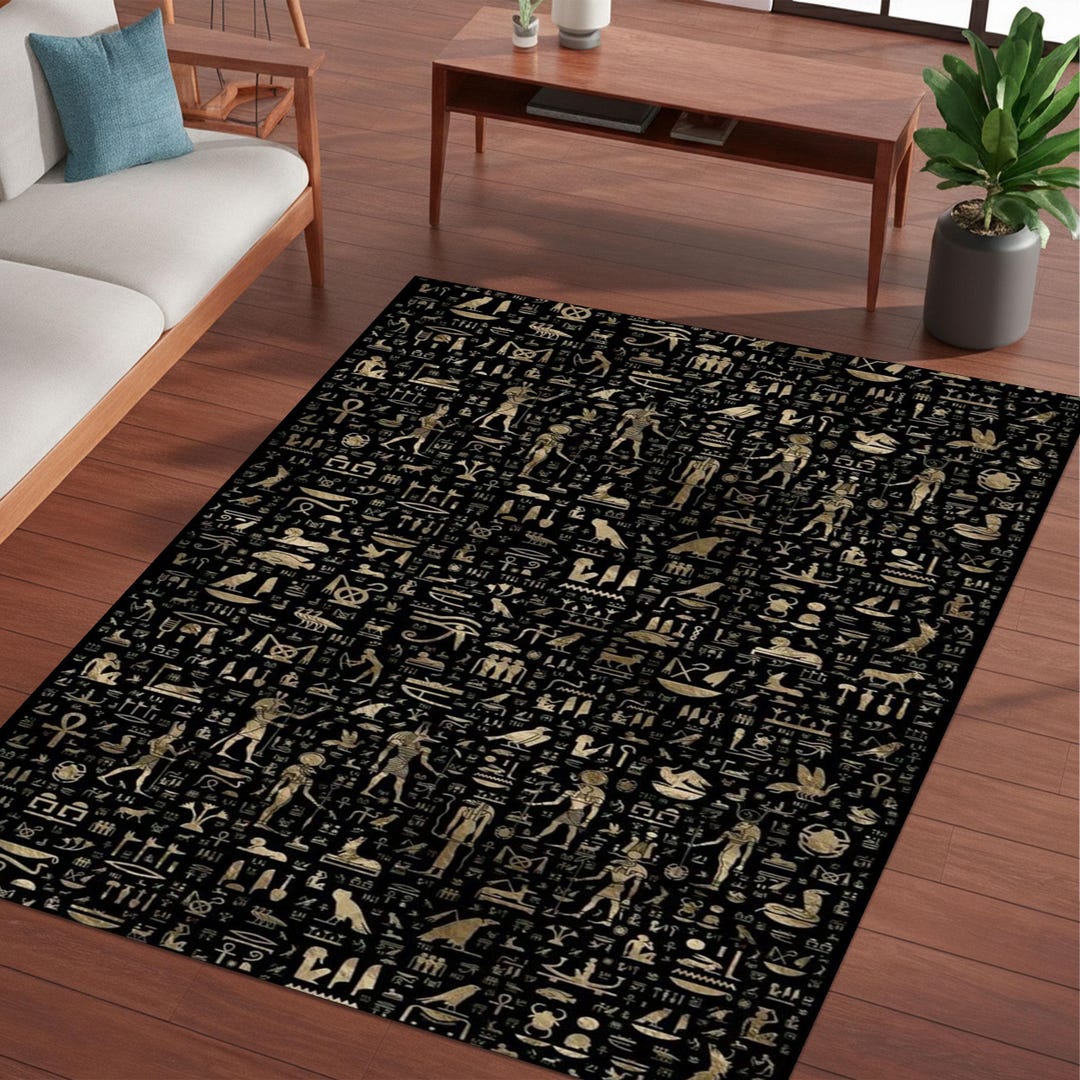 Egyptian Rug Black Gold Rug Hieroglyph Carpet Mystic Symbol Rug Ancient ...