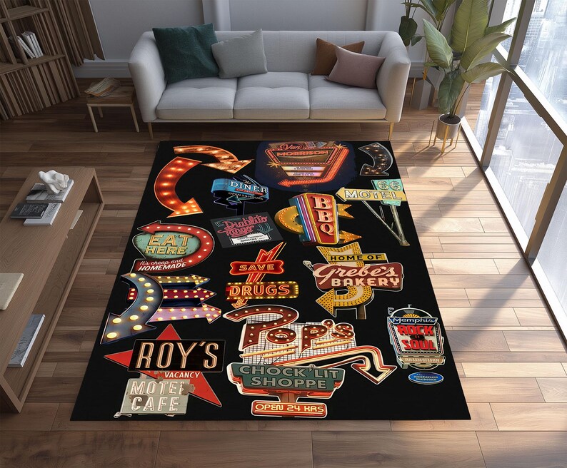 Retro Diner Rug: Neon Sign Pop Art Polyester Carpet - Etsy