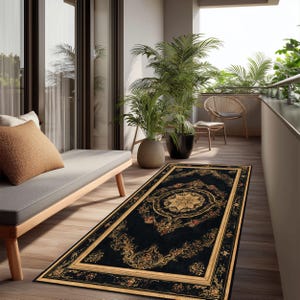 Black Gold Baroque Rug, Ornate Vintage Area Carpet With Floral Medallion Design, Washable Soft Rug, Elegant Classic Style Floor Accent Piece