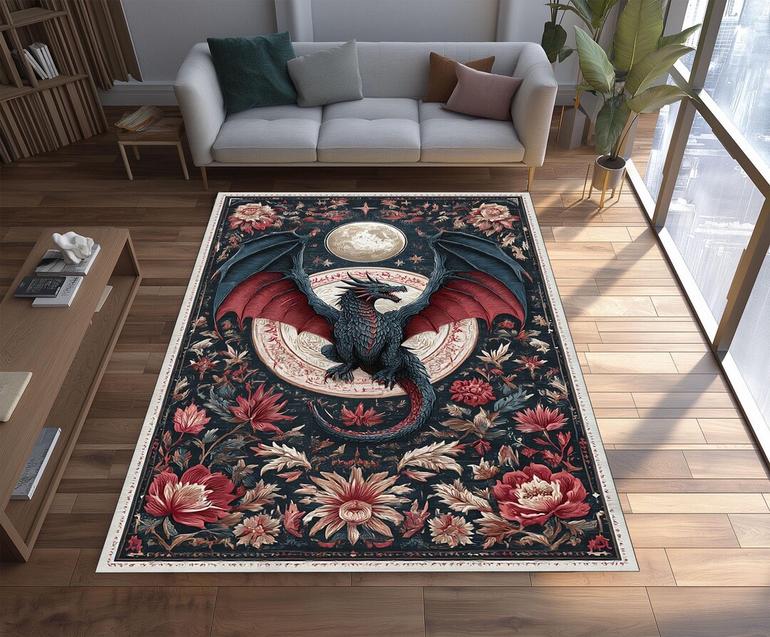 Dragon Rug, Gothic Carpet, Moon Rug, Fantasy Floor Decor, Dark Theme ...