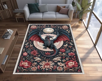 Gothic Dragon Rug: Fantasy Moon & Floral Carpet
