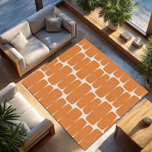Alfombra geométrica naranja de mediados de siglo con diseño minimalista abstracto, elegante y moderna alfombra para sala de estar, decoración de inspiración retro escandinava.