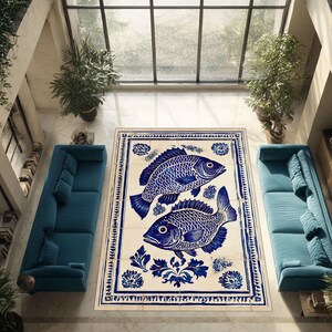 Blåvit keramisk kakelmatta: Iznik fiskmönster, orientalisk inredning