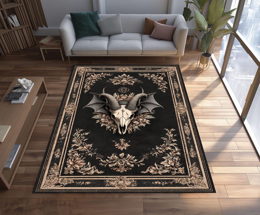 Hok Rug Skeleton Pattern Gothic Skull Rug: Horned Skeleton, Bat Wings, Macabre Decor - Etsy