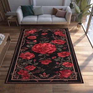 Gothic Rose Area Rug, Vintage Baroque Style Carpet with Red Flowers on Black Background, Romantic Dark Floral Decor for Living Interiors