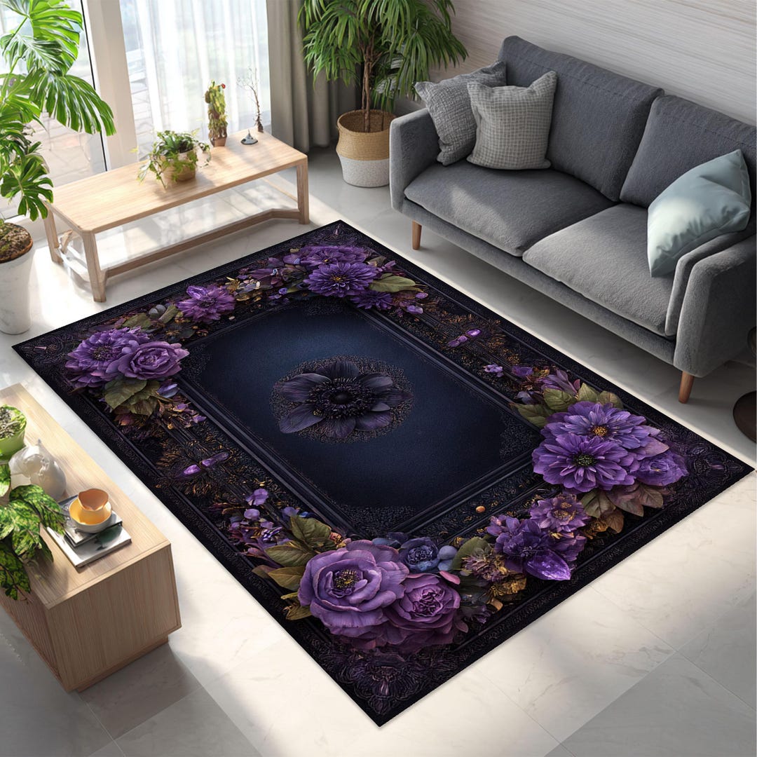 Purple Floral Rug Gothic Rug Dark Flower Carpet Botanical Luxury Rug ...