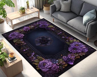 Purple Floral Rug Gothic Rug Dark Flower Carpet Botanical Luxury Rug Elegant Living Room Area Carpet