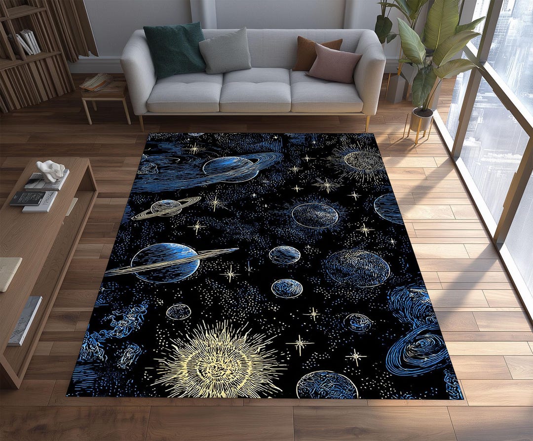 Celestial Space Rug With Planets and Stars, Deep Night Sky Carpet for ...