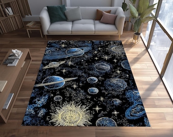 Celestial Space Rug with Planets and Stars, Deep Night Sky Carpet for Modern Homes and Astronomy-Inspired Living Room Interior Design