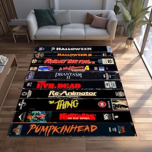 VHS Horror Movie Rug Retro 80s Film Carpet For Movie Room Halloween Decor Pop Culture Area Mat Themed VHS Tape Rug For Horror Fans Washable