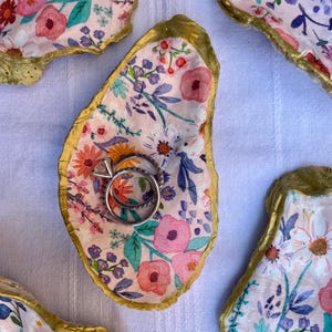 Oyster Shell Ring Dish, Decoupaged Oyster Dish, Trinket Dish, Oyster Shell Decor, Mother’s Day Gift, Coastal Hostess Gift, Jewelry Dish