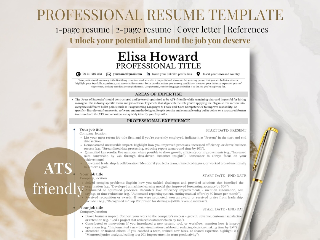 ATS Friendly Resume Template Professional CV for Google Docs Canva ...