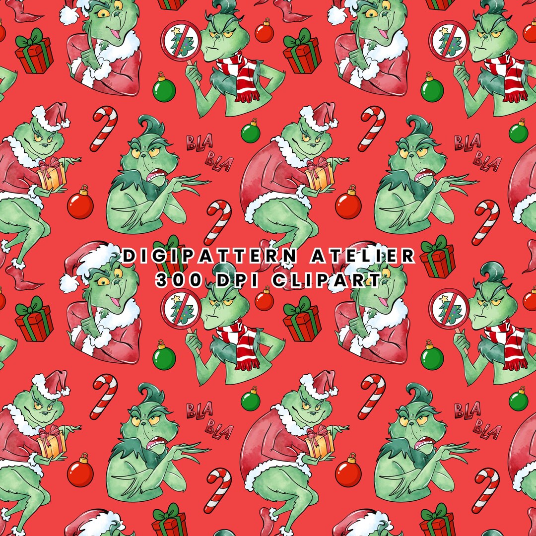 Grinch Christmas Seamless Pattern PNG Holiday Digital Paper Festive ...