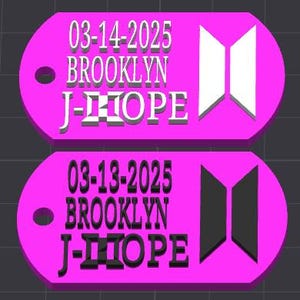 May include: Two pink keychains with the text "03-14-2025 Brooklyn J-Hope" and "03-13-2025 Brooklyn J-Hope" and a stylized butterfly logo in white and black.