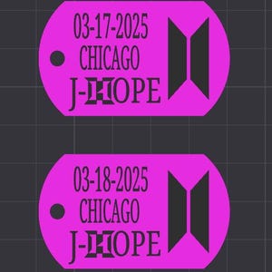 May include: Two pink, oval-shaped, plastic tags with black text and a black stylized logo. The text on the top tag reads "03-17-2025 CHICAGO J-HOPE". The text on the bottom tag reads "03-18-2025 CHICAGO J-HOPE".