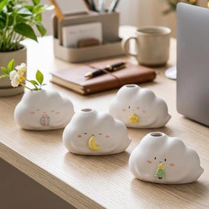 Handmade Ceramic Cloud Bud Vase - Whimsical Mini Pen Holder - Kawaii Desk Figurine - Cute Aesthetic Office Decor