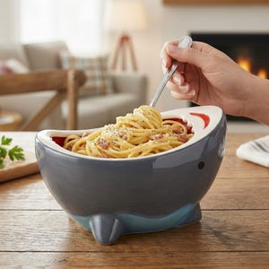 May include: A gray ceramic shark-shaped bowl filled with spaghetti. The bowl has a red interior and a white rim with a red accent. A person is using a silver fork to eat the pasta. The bowl is on a wooden table.
