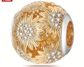 Golden Sunflower Sterling Silver Charm for Bracelet