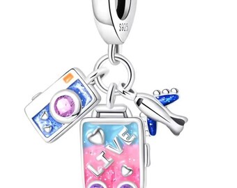 Pandora Travel Themed Charm, 925 Sterling Silver Charm for Bracelet | Camera, Suitcase and Plane Charm, Jewelry Gift for Her, Journey Charm