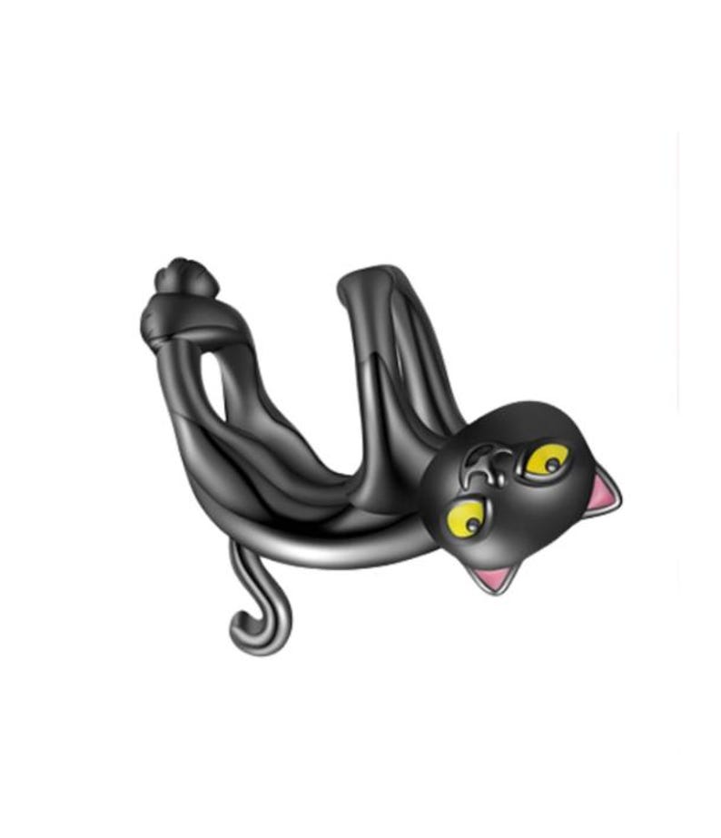May include: A black cat-shaped charm with yellow eyes and pink inner ears. The charm is stylized and appears to be hanging upside down. The cat's tail curls, and the charm has a glossy finish.