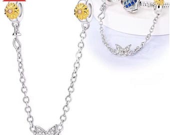 Sterling Silver Sunflower & Butterfly Safety Chain Charm for Bracelet