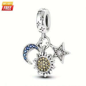 Celestial Sun Moon Star Dangle Charm: Sterling Silver Bracelet