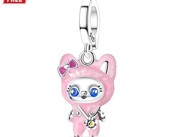 S925 Sterling Silver Pink Labubu Charm for Bracelet