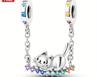Rainbow Cat Safety Chain Charm: S925 Sterling Silver Compatible