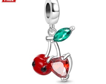 Sterling Silver Cherry Heart Dangle Charm for Bracelet