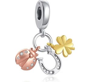 Horseshoe Clover Ladybird Dangle Charm - S925 Sterling Silver