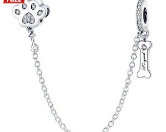 Sterling Silver Paw Prints & Dog Bone Safety Chain Charm - Compatible